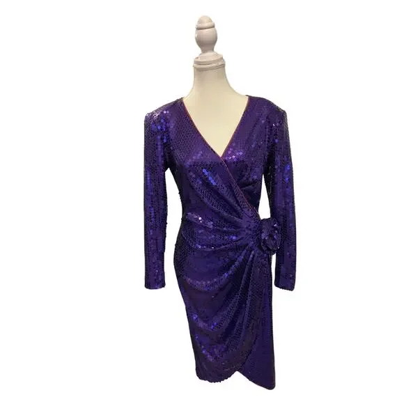 Tadashi | Vintage Purple Sequined Dress with Rhinestone Adorn Flower | 6 - Picture 1 of 15